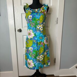 Vintage Sun Fashions Hawaii Floral Print Ruffle Neck Sheath Dress